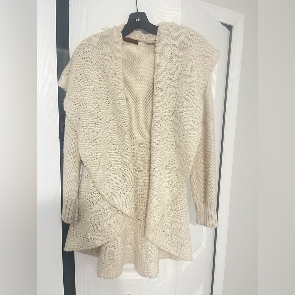 100% Baby Alpaca Cream Open-Front Knit Cardigan Sweater